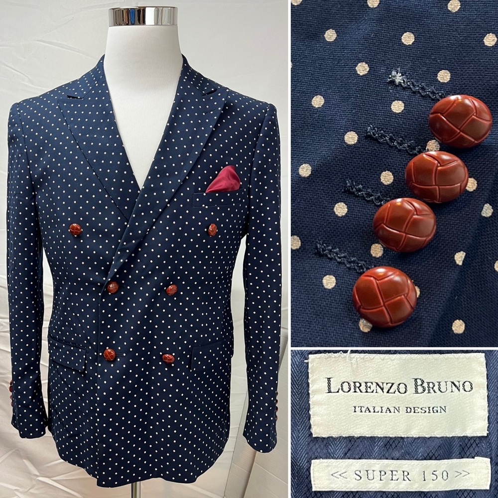Lorenzo Bruno Men's 42R Slim Fit Navy Blue Polka Dot Double Breasted Blazer Coat